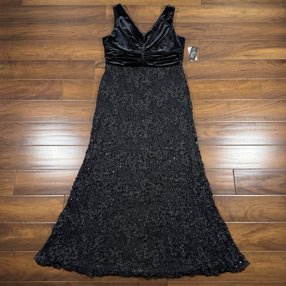 Alex Evenings Women's Size 16 Black Sleeveless Velvet & Sequin Lace Gown Dress